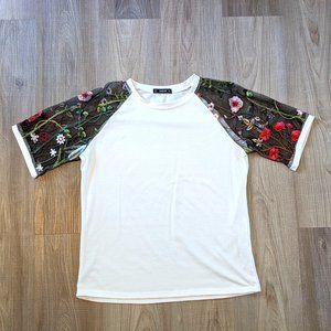 NWOT SHEIN Mesh Embroidered Floral Sleeve T Shirt